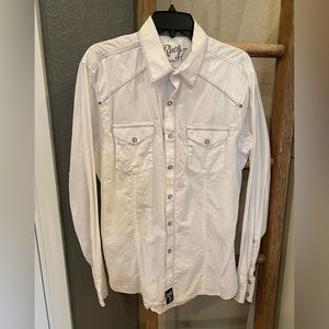 Rock 47 By Wrangler long sleeved snap up shirt. White with gray stitching.